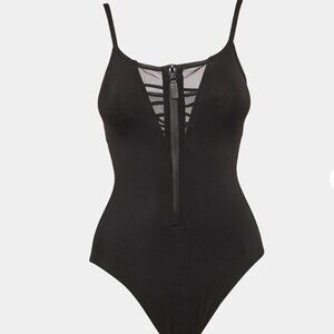 Black Zipper Front Women Swim One Piece